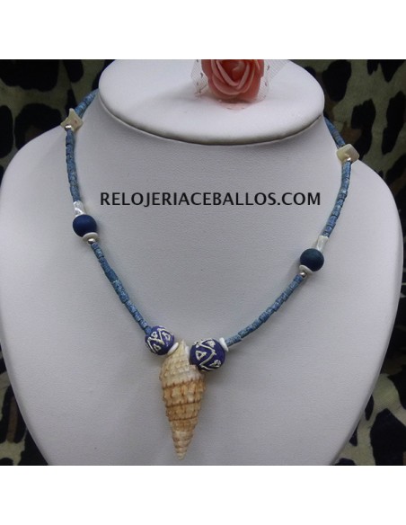 Collar Hippie de Coral azul y Caracola  HPP