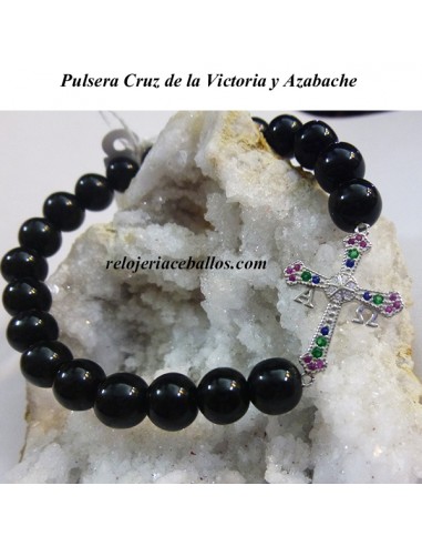 Pulsera de Bolas de Azabache con Cruz de la V. AZCR