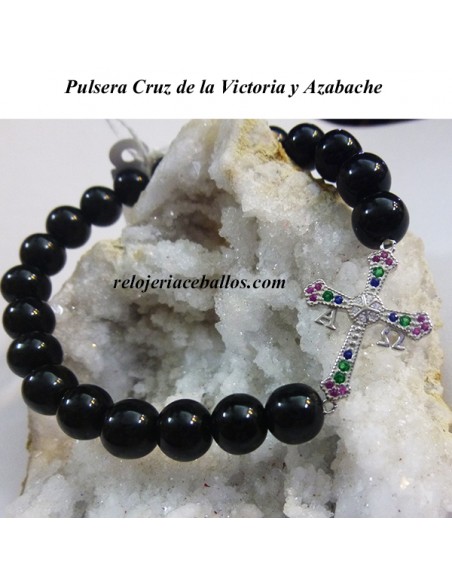 Pulsera de Bolas de Azabache con Cruz de la V. AZCR