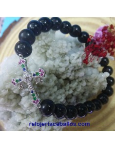 Pulsera de Bolas de Azabache con Cruz de la V. AZCR