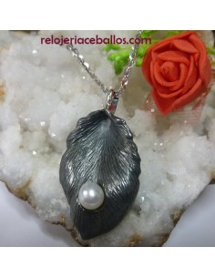 Hoja de plata envejecida con perla Colgante 603-99
