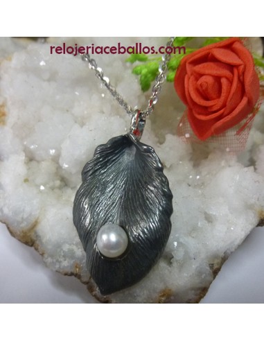 Hoja de plata envejecida con perla Colgante 603-99