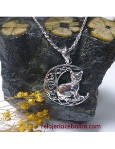 Gato sentado en la Luna Colgante de plata 300-237