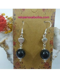 ACP Pendientes con corazón y bola lisa de Azabache