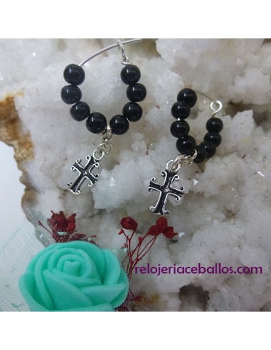 Pendientes de bolitas de Azabache con cruz 8BP