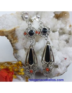 Pendientes de orfebrería con Azabache y coral OAC