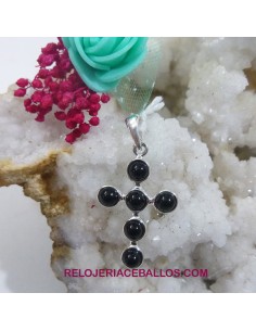 Cruz de bolas lisas de Azabache y plata