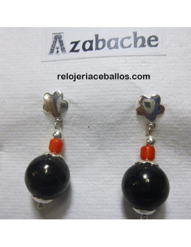 Pendientes de bola de azabache con coral