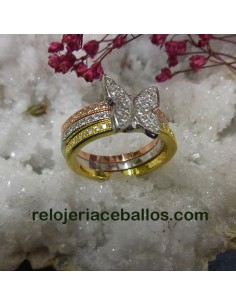 Sortija tricolor con mariposa de pedrería 641-76
