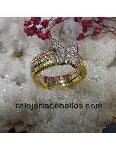 Sortija tricolor con mariposa de pedrería 641-76